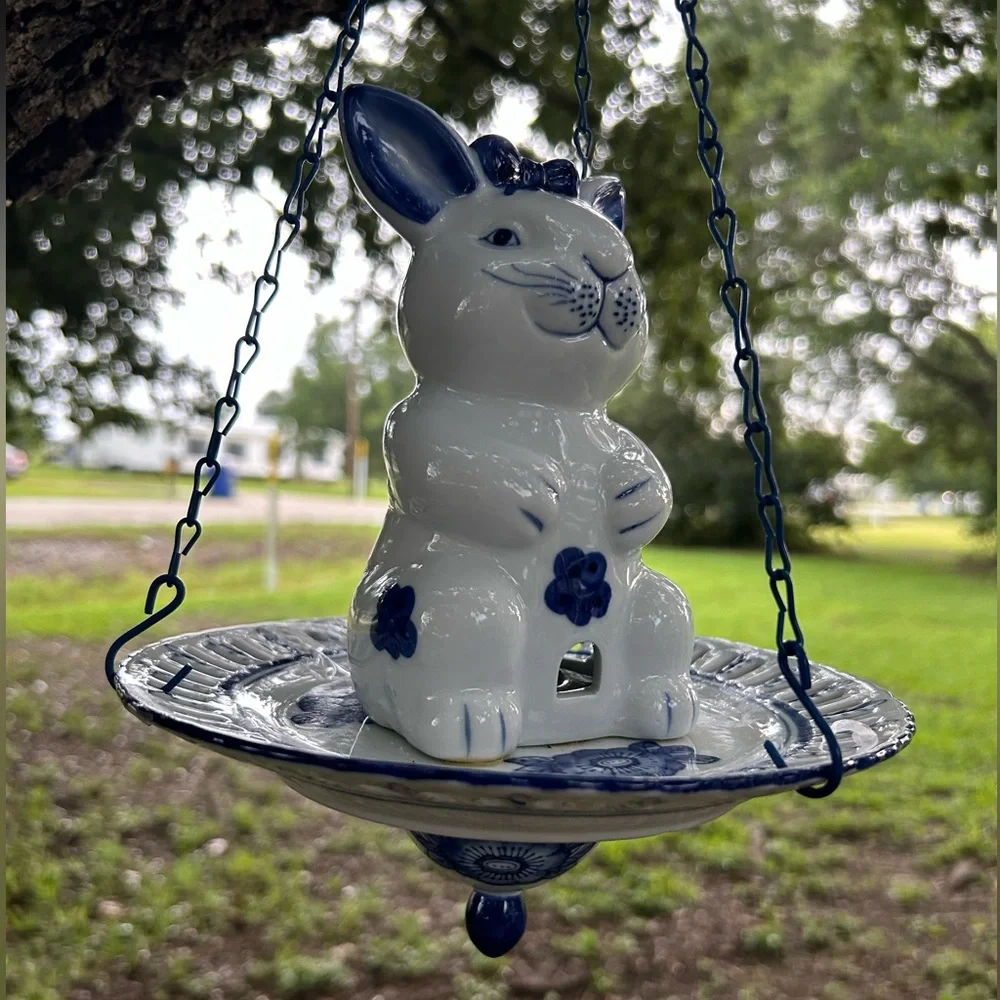Rare and Unique Blue & White Porcelain Bunny Rabbit Bird Feeder